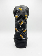 Black golf club head cover with bird pattern on a white background