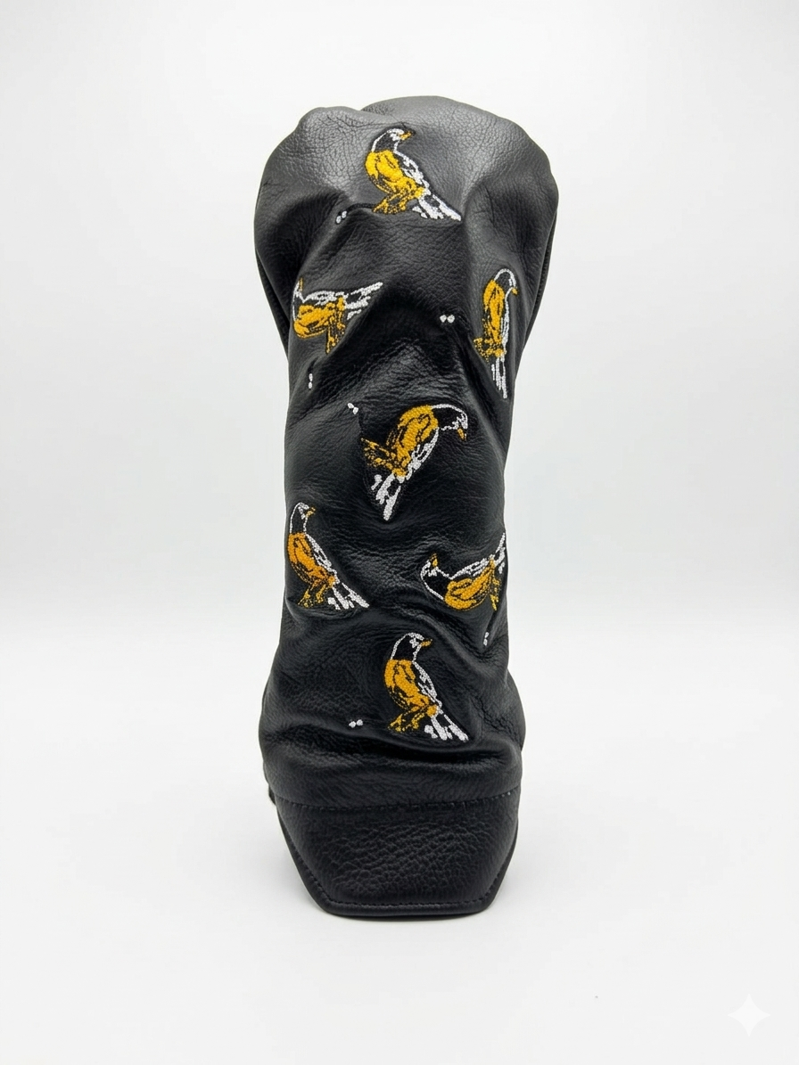 Black golf club head cover with bird pattern on a white background