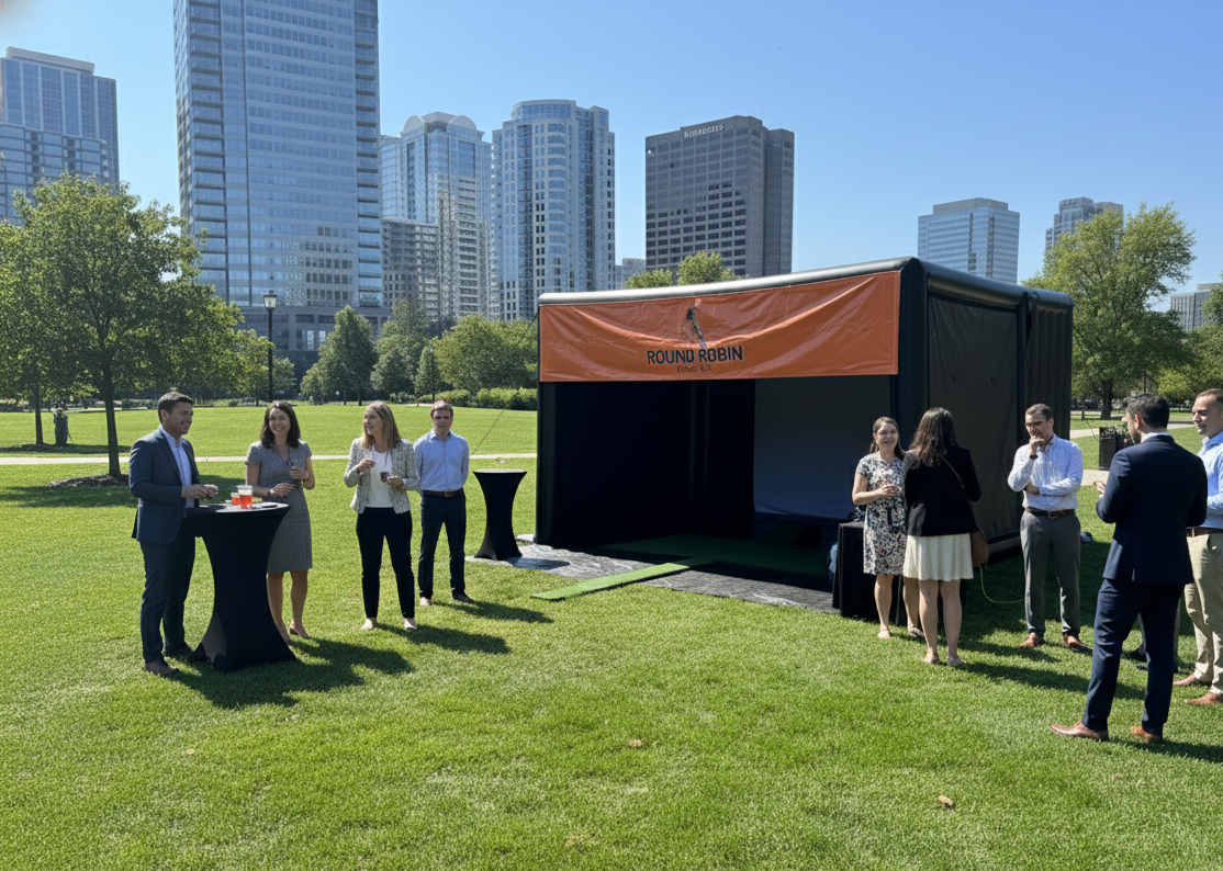 Round Robin Golf, mobile golf simulator in a park for a corporate event. 