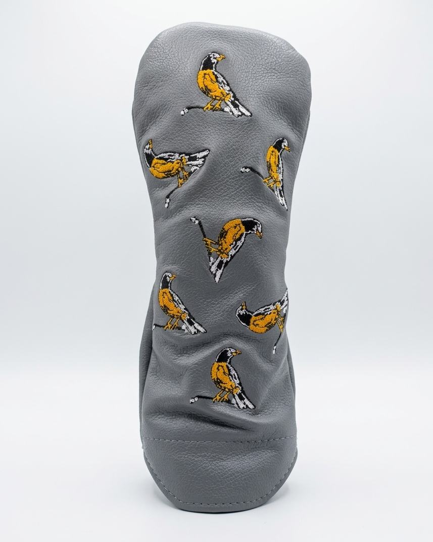Gray golf club head cover with bird pattern on a white background