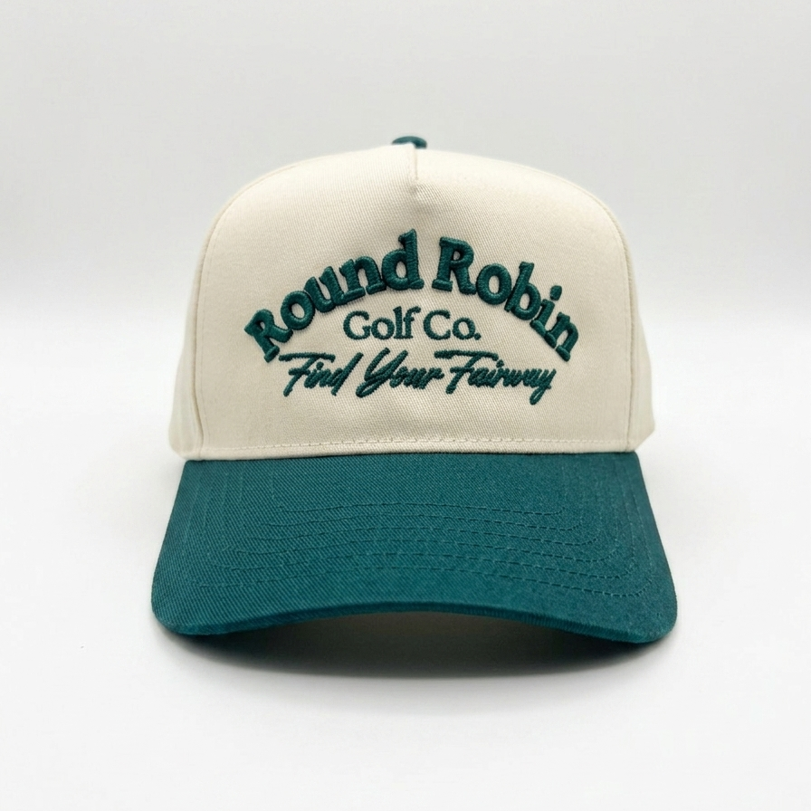 Beige and teal cap with 'Round Robin Golf Co. Find Your Fairway' text on a white background