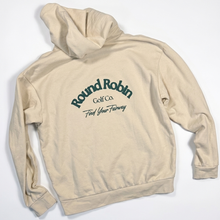 Beige hoodie with 'Round Robin Golf Co' text on a white background