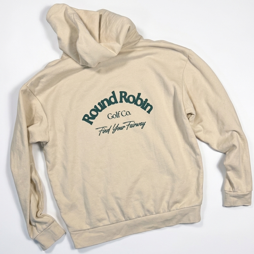 Beige hoodie with 'Round Robin Golf Co' text on a white background