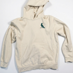 Beige hoodie with a green logo on a white background