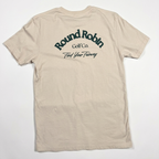 Beige t-shirt with 'Round Robin Golf Co' text on a white background