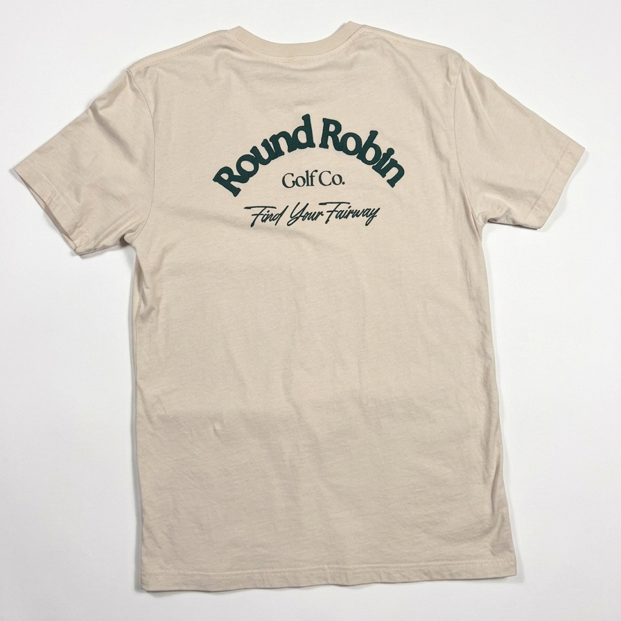 Beige t-shirt with 'Round Robin Golf Co' text on a white background
