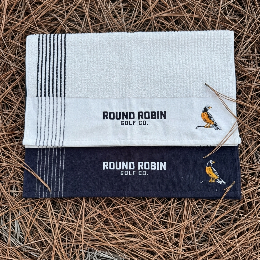 Two golf towels with 'Round Robin Golf Co.' branding on a pine needle background